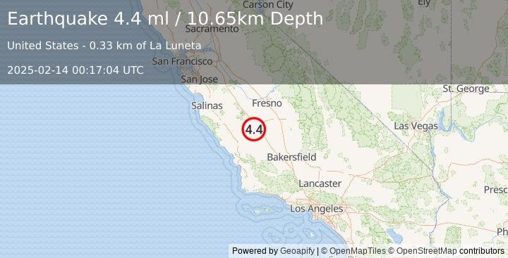 Earthquake 10 km NNW of Avenal, CA (4.4 ml) (2025-02-14 00:17:04 UTC)