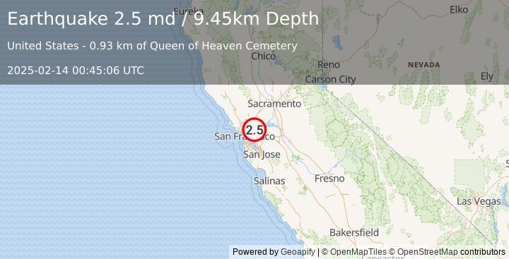 Earthquake 5 km W of Pleasant Hill, CA (2.5 md) (2025-02-14 00:45:06 UTC)