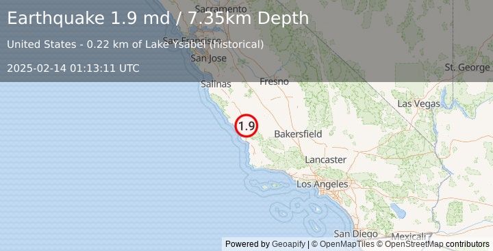 Earthquake 4 km S of Paso Robles, CA (1.9 md) (2025-02-14 01:13:11 UTC)