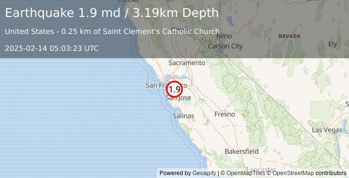 Earthquake 1 km ESE of Hayward, CA (1.9 md) (2025-02-14 05:03:23 UTC)