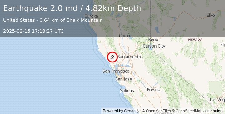 Earthquake 8 km ENE of Larkfield-Wikiup, CA (2.0 md) (2025-02-15 17:19:27 UTC)