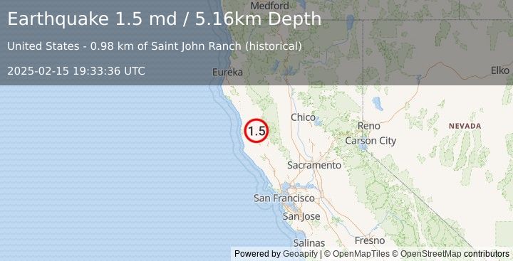 Earthquake 7 km ESE of Willits, CA (1.5 md) (2025-02-15 19:33:36 UTC)