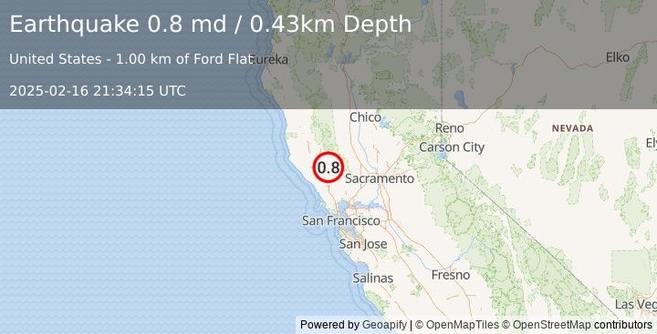 Earthquake 3 km ENE of The Geysers, CA (0.8 md) (2025-02-16 21:34:15 UTC)