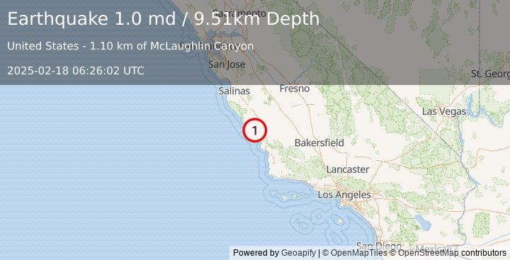 Earthquake 13 km W of Lake Nacimiento, CA (1.0 md) (2025-02-18 06:26:02 UTC)