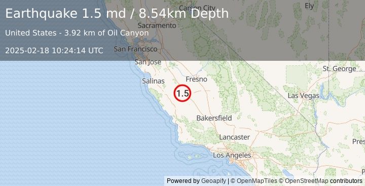 Earthquake 12 km  of Coalinga, CA (1.5 md) (2025-02-18 10:24:14 UTC)