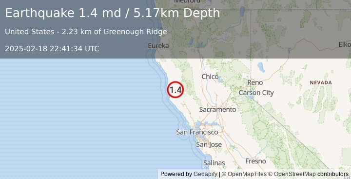 Earthquake 16 km SSW of Willits, CA (1.4 md) (2025-02-18 22:41:34 UTC)