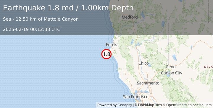 Earthquake 27 km W of Petrolia, CA (1.8 md) (2025-02-19 00:12:38 UTC)