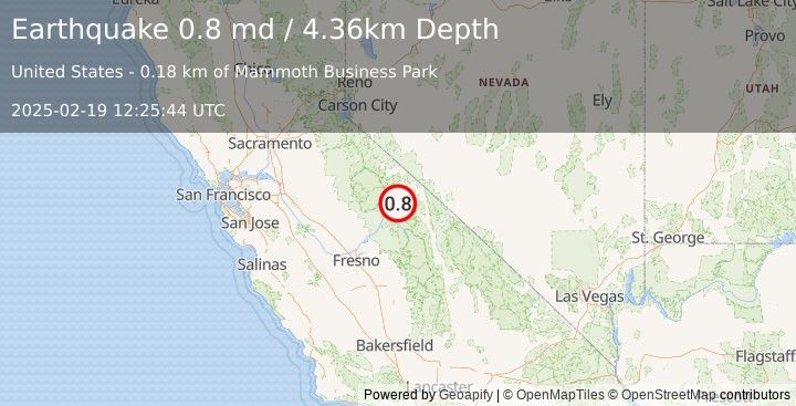 Earthquake 2 km E of Mammoth Lakes, CA (0.8 md) (2025-02-19 12:25:44 UTC)