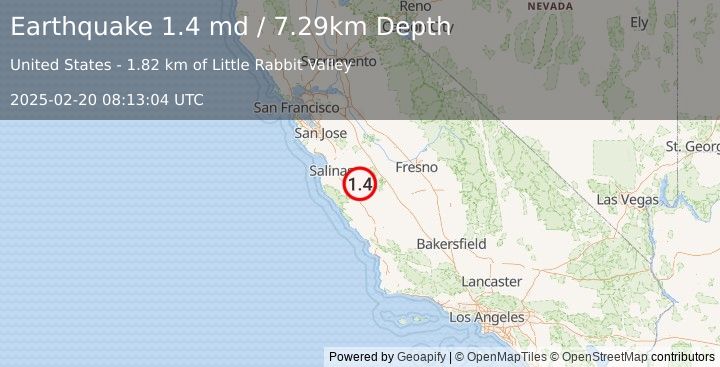 Earthquake 14 km SE of Pinnacles, CA (1.4 md) (2025-02-20 08:13:04 UTC)