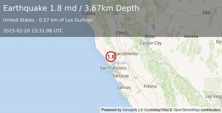 Earthquake 3 km WNW of Kenwood, CA (1.8 md) (2025-02-20 13:31:06 UTC)