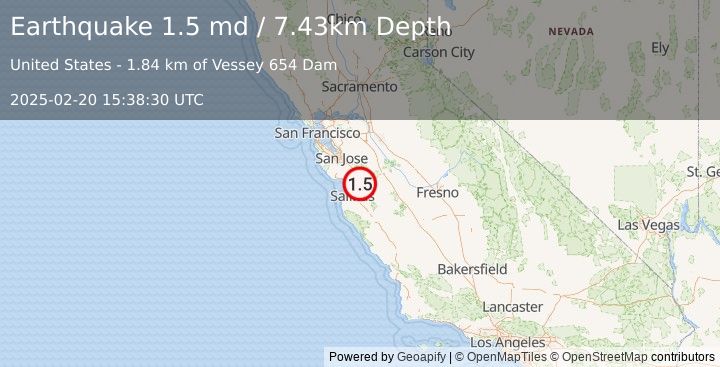 Earthquake 7 km NE of San Juan Bautista, CA (1.5 md) (2025-02-20 15:38:30 UTC)