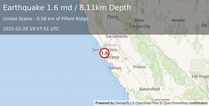 Earthquake 5 km W of Hillsborough, CA (1.6 md) (2025-02-20 19:57:51 UTC)