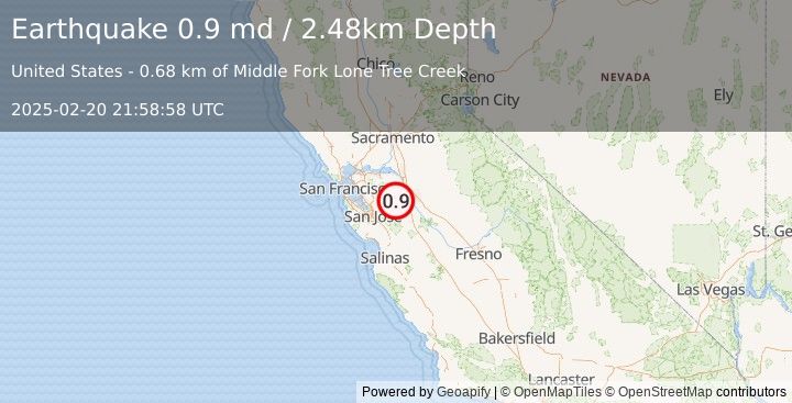 Earthquake 19 km SSW of Tracy, CA (0.9 md) (2025-02-20 21:58:58 UTC)