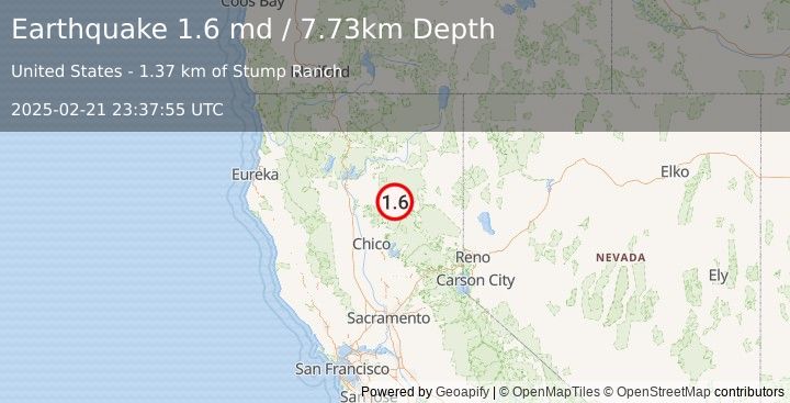 Earthquake 14 km NW of Chester, CA (1.6 md) (2025-02-21 23:37:55 UTC)