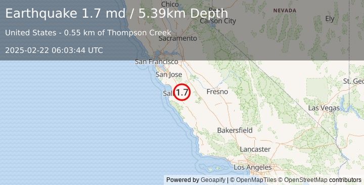 Earthquake 10 km S of Tres Pinos, CA (1.7 md) (2025-02-22 06:03:44 UTC)