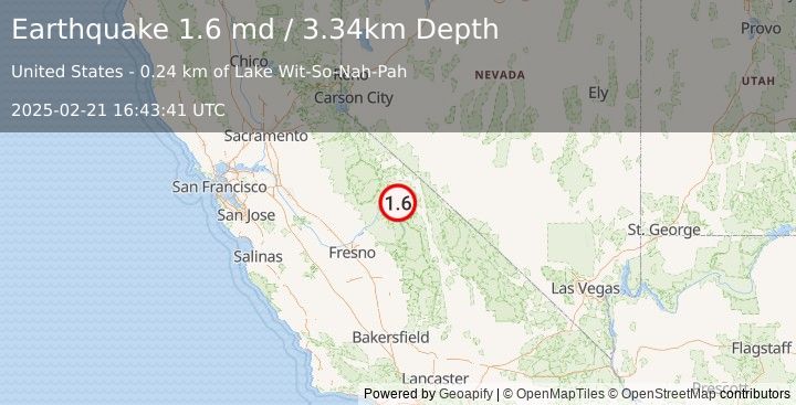 Earthquake 16 km SSE of Mammoth Lakes, CA (1.6 md) (2025-02-21 16:43:41 UTC)