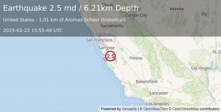 Earthquake 5 km SSE of Aromas, CA (2.5 md) (2025-02-22 15:55:49 UTC)