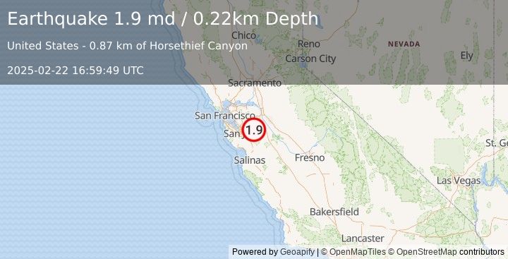 Earthquake 28 km E of Alum Rock, CA (1.9 md) (2025-02-22 16:59:49 UTC)