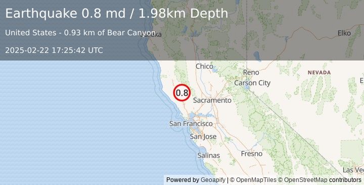 Earthquake 8 km WNW of Cobb, CA (0.8 md) (2025-02-22 17:25:42 UTC)