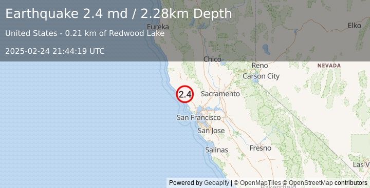 Earthquake 7 km N of Guerneville, CA (2.4 md) (2025-02-24 21:44:19 UTC)