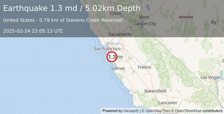 Earthquake 5 km WSW of Cupertino, CA (1.3 md) (2025-02-24 22:05:13 UTC)