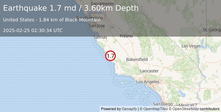 Earthquake 14 km N of Cayucos, CA (1.7 md) (2025-02-25 02:30:34 UTC)