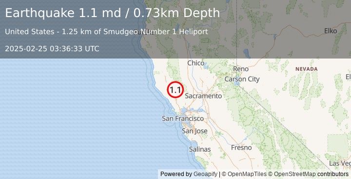 Earthquake 2 km NNE of The Geysers, CA (1.1 md) (2025-02-25 03:36:33 UTC)