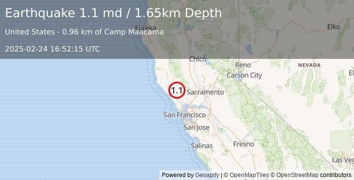 Earthquake 10 km ENE of Healdsburg, CA (1.1 md) (2025-02-24 16:52:15 UTC)