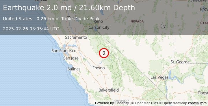 Earthquake 22 km SE of Yosemite Valley, CA (2.0 md) (2025-02-26 03:05:44 UTC)