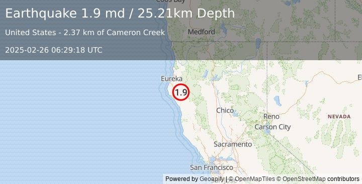 Earthquake 25 km NNE of Redway, CA (1.9 md) (2025-02-26 06:29:18 UTC)