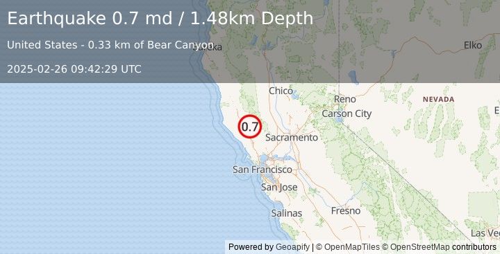 Earthquake 8 km NNW of The Geysers, CA (0.7 md) (2025-02-26 09:42:29 UTC)