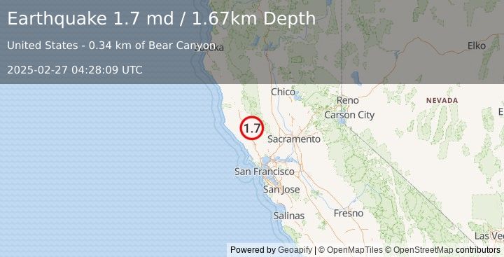 Earthquake 8 km NNW of The Geysers, CA (1.7 md) (2025-02-27 04:28:09 UTC)