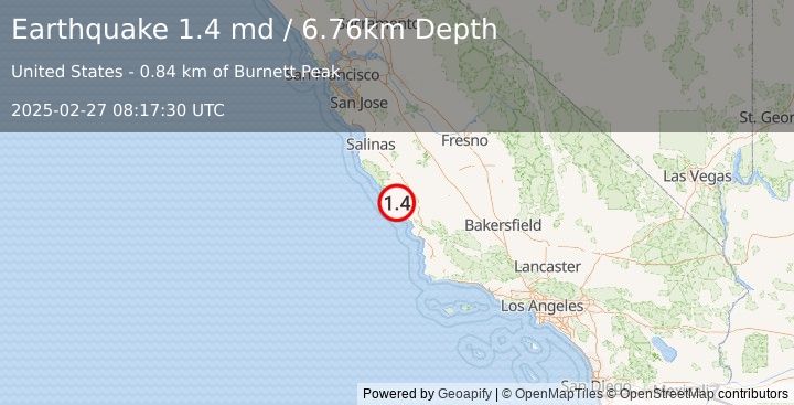 Earthquake 11 km NE of San Simeon, CA (1.4 md) (2025-02-27 08:17:30 UTC)