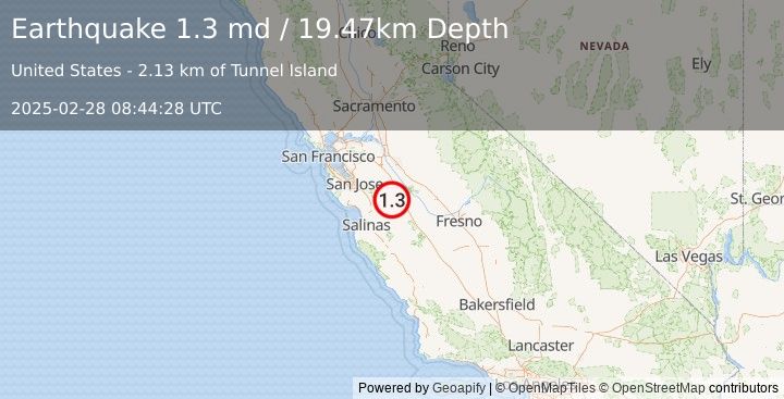 Earthquake 23 km SW of Gustine, CA (1.3 md) (2025-02-28 08:44:28 UTC)