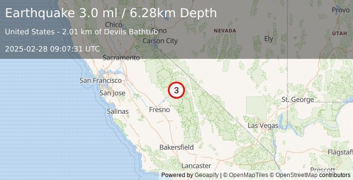 Earthquake 23 km SSW of Mammoth Lakes, CA (3.0 ml) (2025-02-28 09:07:31 UTC)