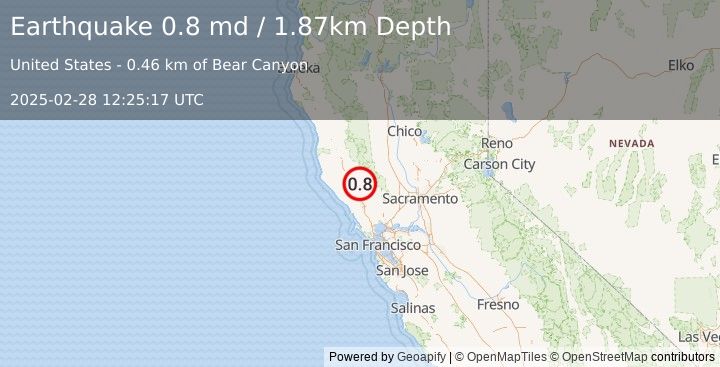 Earthquake 8 km NNW of The Geysers, CA (0.8 md) (2025-02-28 12:25:17 UTC)