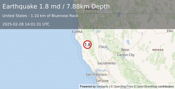 Earthquake 11 km NNE of Covelo, CA (1.8 md) (2025-02-28 14:01:31 UTC)