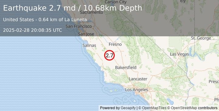 Earthquake 10 km NNW of Avenal, CA (2.7 md) (2025-02-28 20:08:35 UTC)