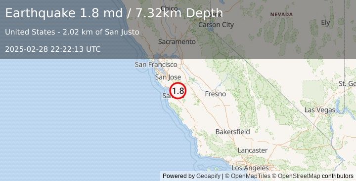 Earthquake 4 km WNW of Hollister, CA (1.8 md) (2025-02-28 22:22:13 UTC)