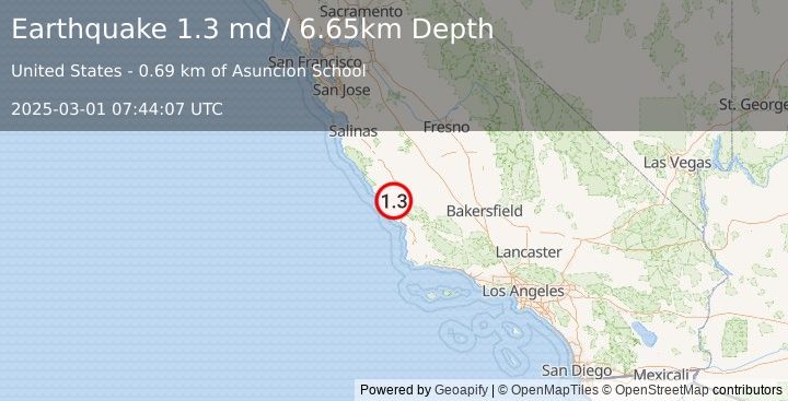 Earthquake 12 km NE of Cayucos, CA (1.3 md) (2025-03-01 07:44:07 UTC)