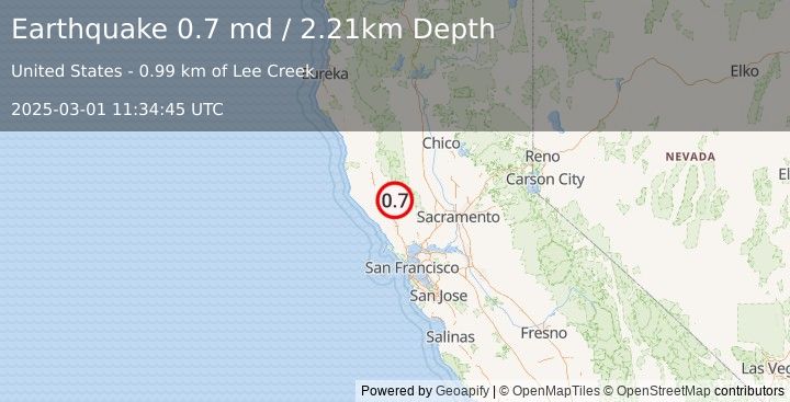 Earthquake 4 km WNW of Cobb, CA (0.7 md) (2025-03-01 11:34:45 UTC)