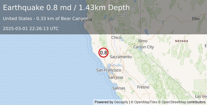 Earthquake 8 km NNW of The Geysers, CA (0.8 md) (2025-03-01 22:26:13 UTC)