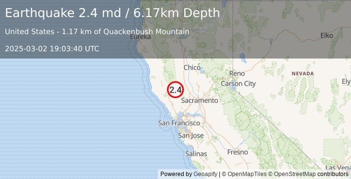 Earthquake 4 km ESE of Clearlake, CA (2.4 md) (2025-03-02 19:03:40 UTC)