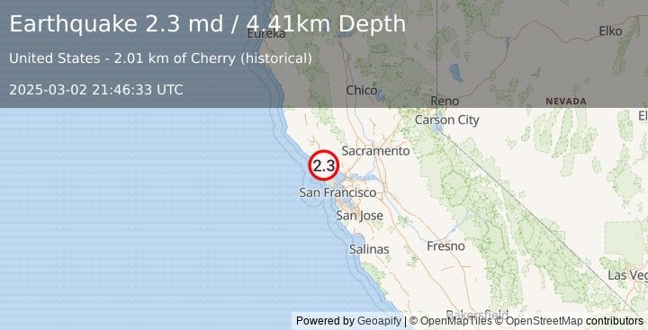 Earthquake 5 km WSW of Cotati, CA (2.3 md) (2025-03-02 21:46:33 UTC)