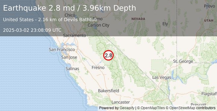 Earthquake 23 km SSW of Mammoth Lakes, CA (2.8 md) (2025-03-02 23:08:09 UTC)