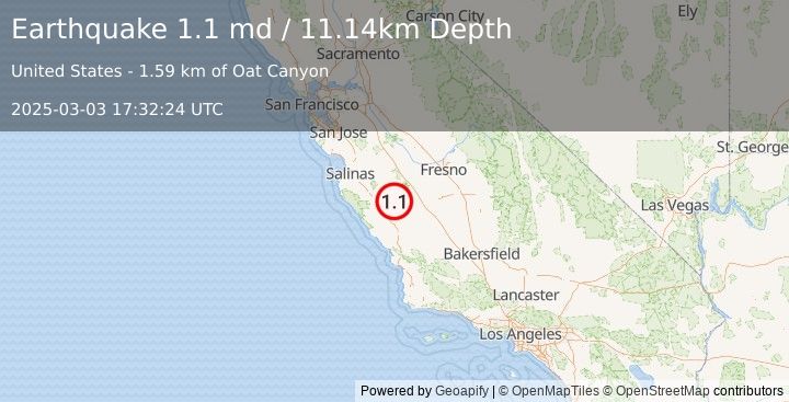 Earthquake 23 km SSW of New Idria, CA (1.1 md) (2025-03-03 17:32:24 UTC)