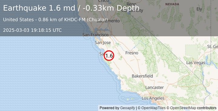 Earthquake 7 km E of Chualar, CA (1.6 md) (2025-03-03 19:18:15 UTC)