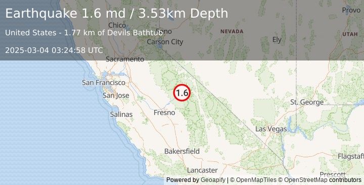 Earthquake 23 km SSW of Mammoth Lakes, CA (1.6 md) (2025-03-04 03:24:58 UTC)