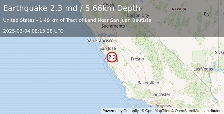 Earthquake 4 km W of San Juan Bautista, CA (2.3 md) (2025-03-04 08:13:28 UTC)