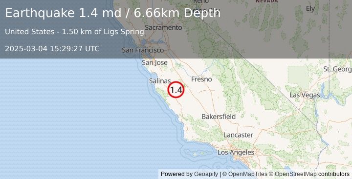 Earthquake 24 km ENE of King City, CA (1.4 md) (2025-03-04 15:29:27 UTC)